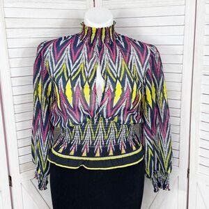 Ashley Stewart Chevron Stripe Key Hole Smocked Waist Blouse Multicolor 0X